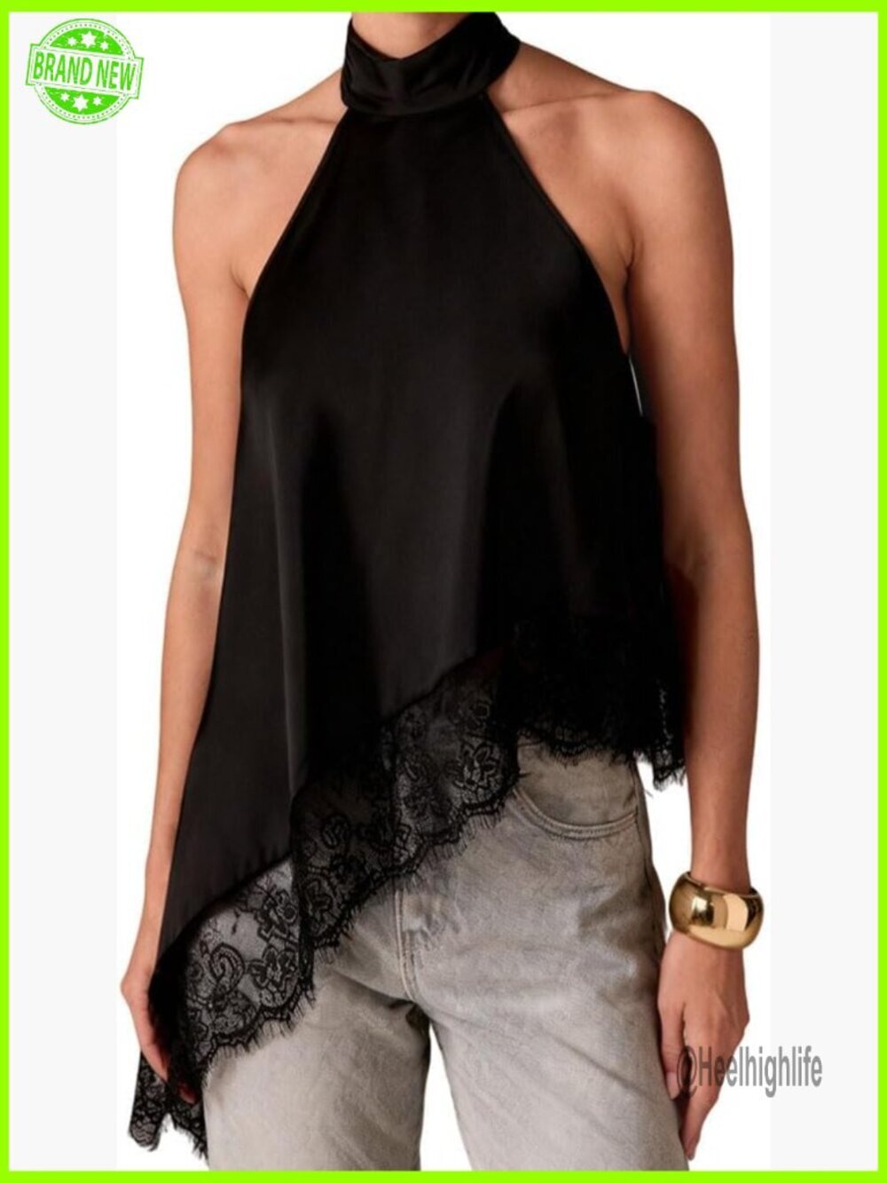 Y2K Lace Trim Satin Halter Top Sleeveless Mock Neck Loose Fit Asymmetric Hem